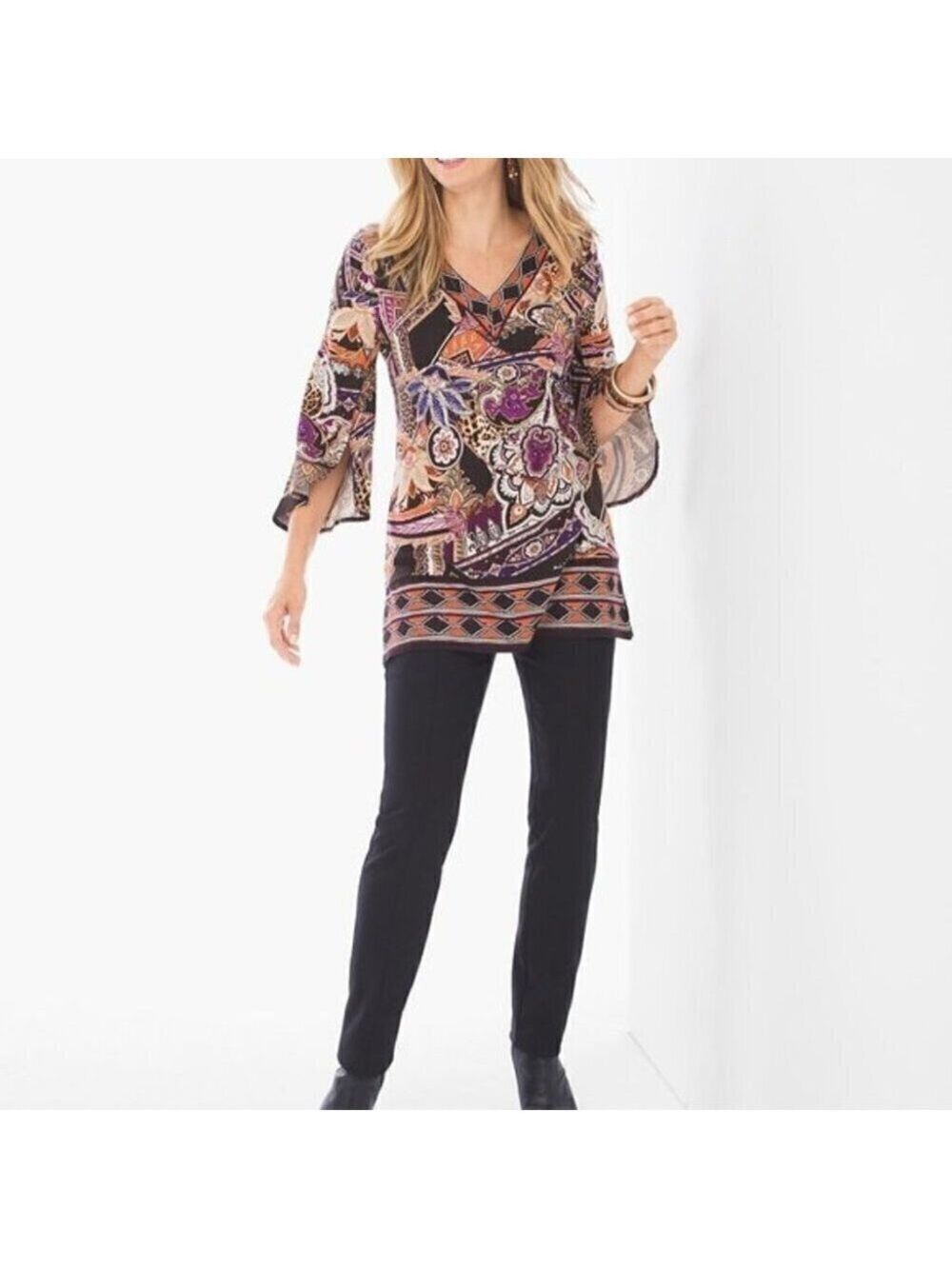 Chico's Paisley Split Sleeve Top Purple Black Orange Chico's Size 0=Small
